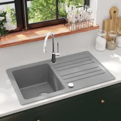 Sanitair & Loodgietersbenodigdheden*vidaXL Spoelbak graniet enkele bak met afvoer omkeerbaar Grijs