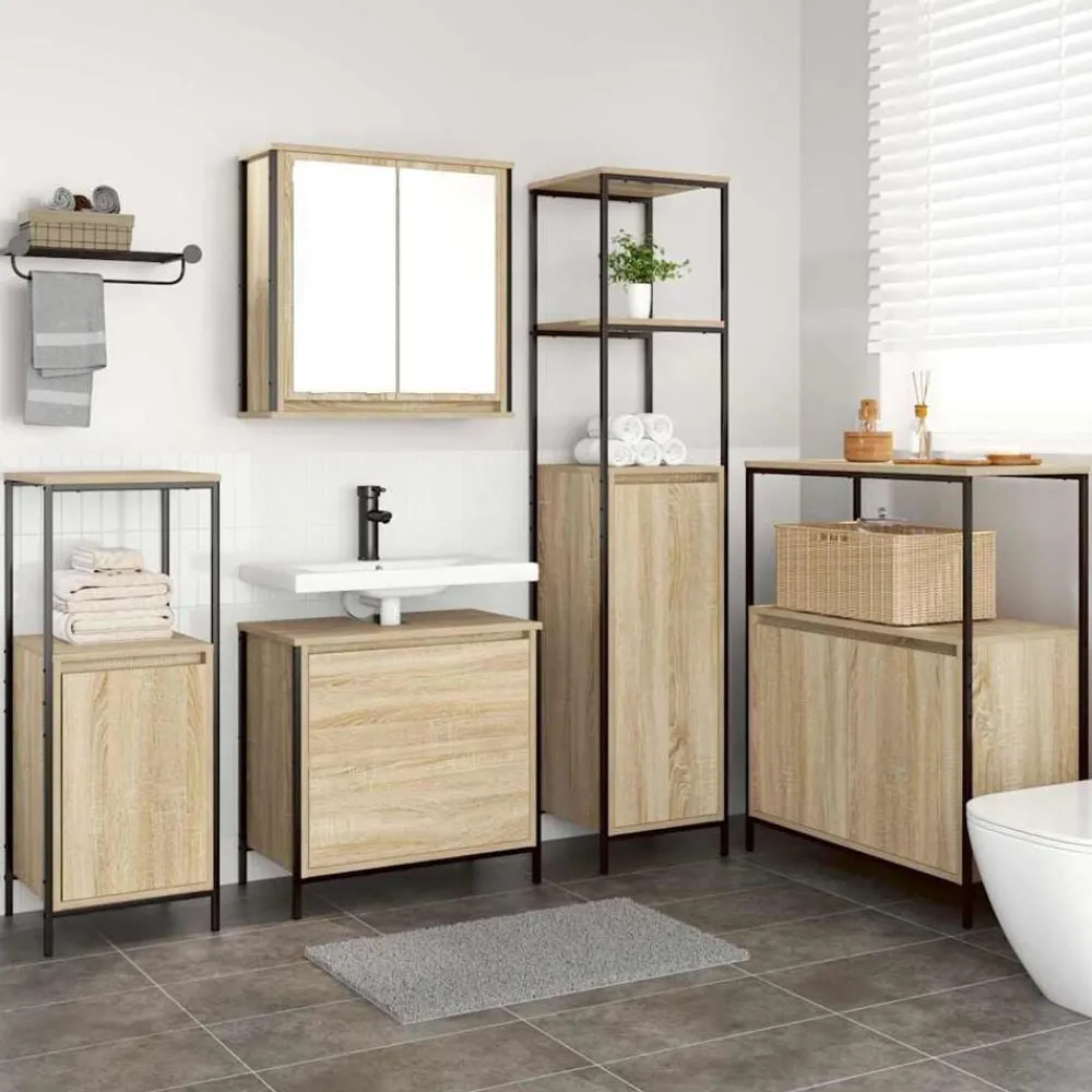 Meubelsets*vidaXL Badkamermeubelset met plank met opslag 5 pcs Beige Bewerkt hout Sonoma eiken