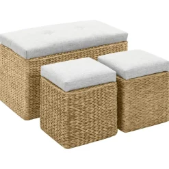 Bankjes*vidaXL Bankje met 2 poefs zeegras Grijs