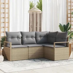 Tuinmeubelen*vidaXL Bankstel met kussen 4 pcs Beige en Licht Grijs poly rattan beige en lichtgrijs
