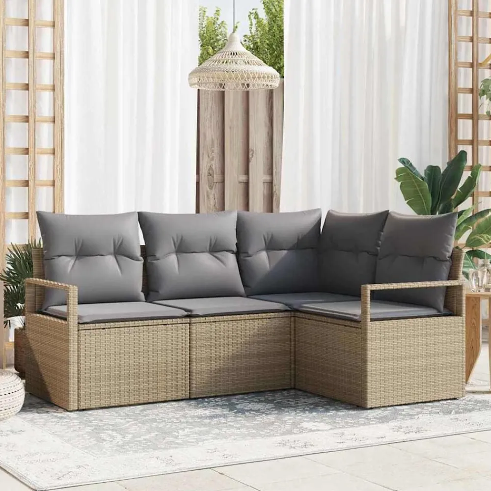 Tuinmeubelen*vidaXL Bankstel met kussen 4 pcs Beige en Licht Grijs poly rattan beige en lichtgrijs
