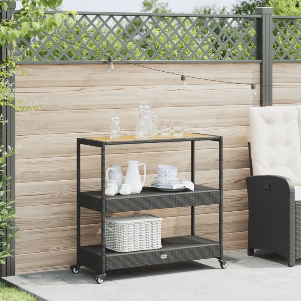 Bartrolley 3-laags poly rattan en massief acaciahout zwart>vidaXL Hot
