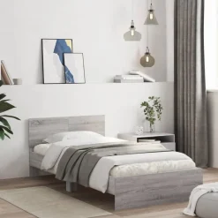Bedden & Accessoires*vidaXL Bedframe met hoofdbord en LED eiken 100x200 cm Grijs sonoma