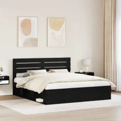Bedden & Accessoires*vidaXL Bedframe met hoofdeinde Zwart 200 x 200 cm Massief grenenhout Zwart eiken