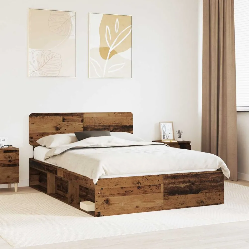 Bedframe met hoofdeinde Oudhout 150 x 200 cm Massief grenenhout>vidaXL Hot