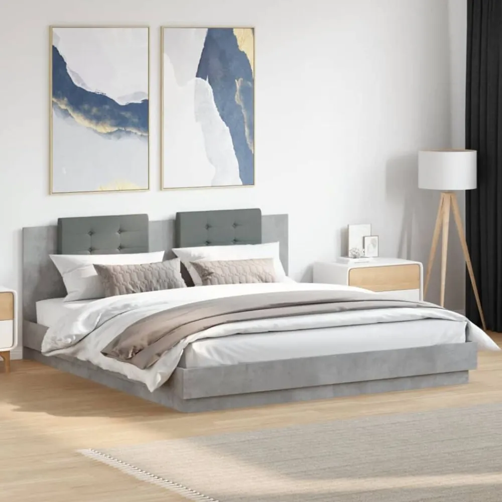 Bedden & Accessoires*vidaXL Bedframe met hoofdbord en LED-verlichting 200x200 cm Betongrijs