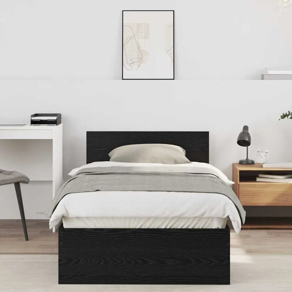 Bedden & Accessoires*vidaXL Bedframe met hoofdeinde 90 x 200 cm Bewerkt hout Zwart eiken