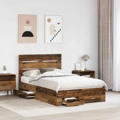 Bedframe met lade met opslag Oudhout 120 x 190 cm Bewerkt hout><noscript><img width=