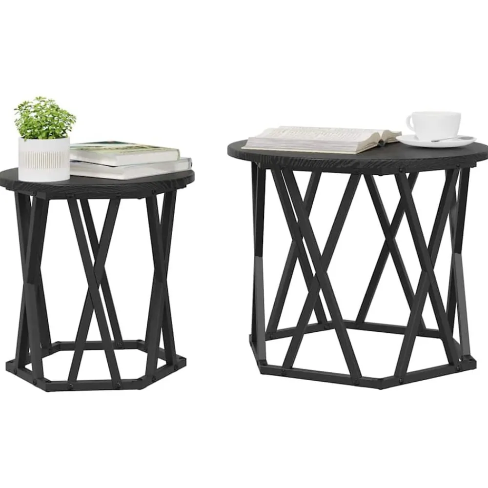 Tafels*vidaXL Bijzettafel 2 pcs Engineered hout en staal Zwart eiken