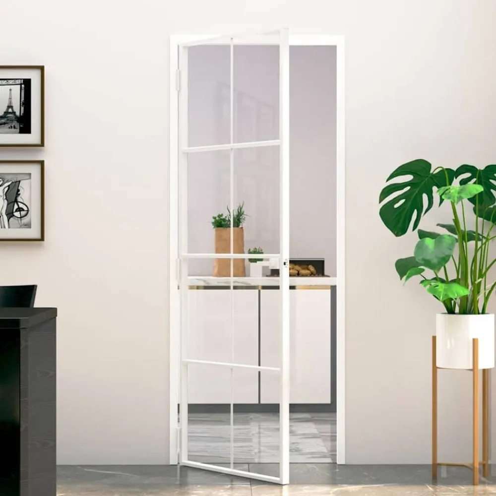 Bouwmaterialen*vidaXL Binnendeur 76x201,5 cm gehard glas en aluminium smal wit Wit en transparant