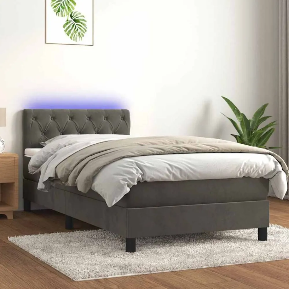 Bedden & Accessoires*vidaXL Boxspring met matras en LED fluweel 80x200 cm Donkergrijs