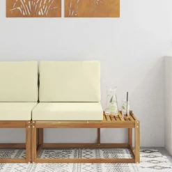 Tuinmeubelen*vidaXL Buiten Eind Sofa Naturel 91 x 63 x 73 cm Massief Acaciahout Natuurlijk en cr&egrave;me