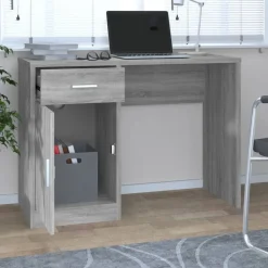 Kantoormeubelen*vidaXL Bureau met kast en lade 100x40x73 cm bewerkt hout Grijs sonoma