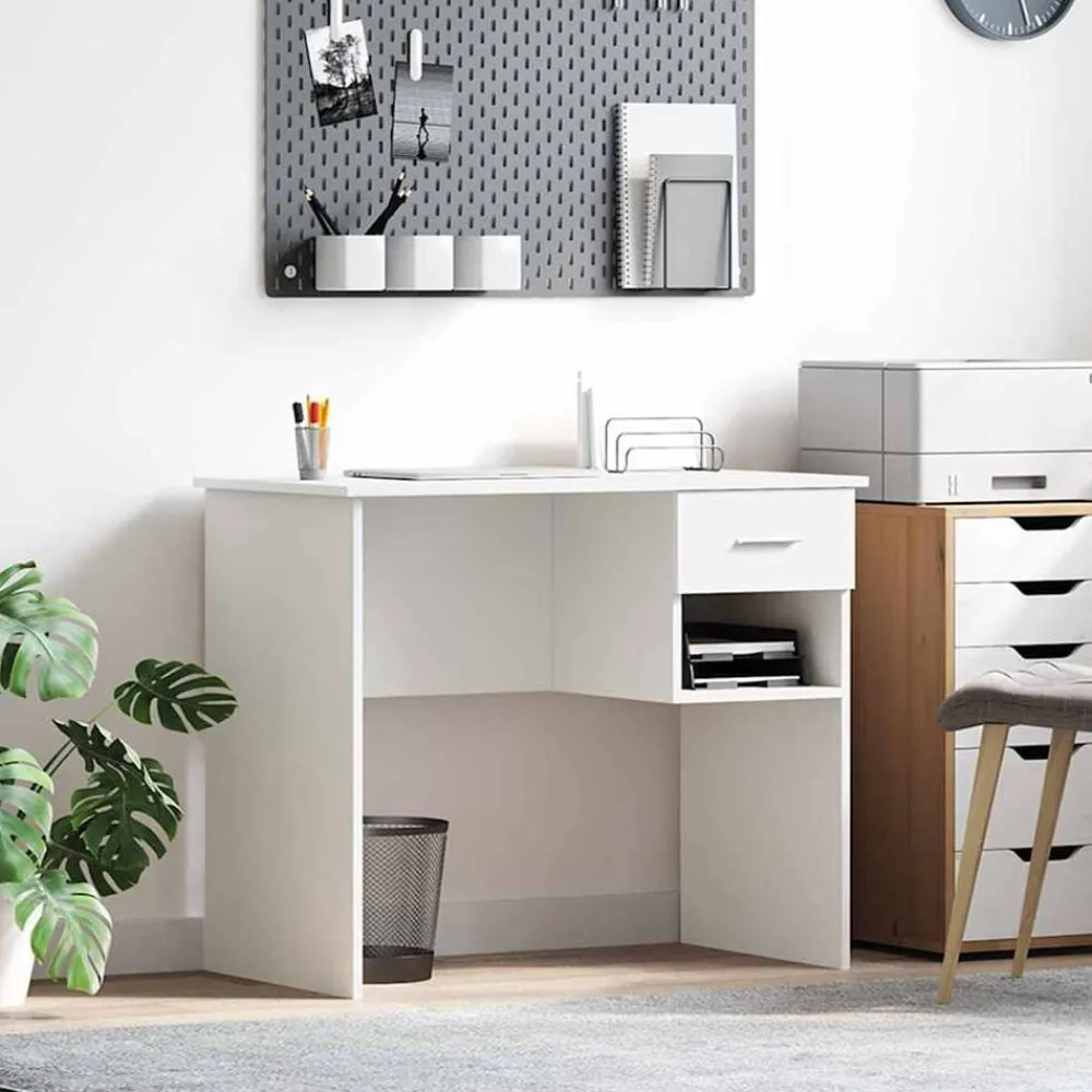 Kantoormeubelen*vidaXL Bureau met lade met plank 90 x 49 x 75 cm Bewerkt hout Wit