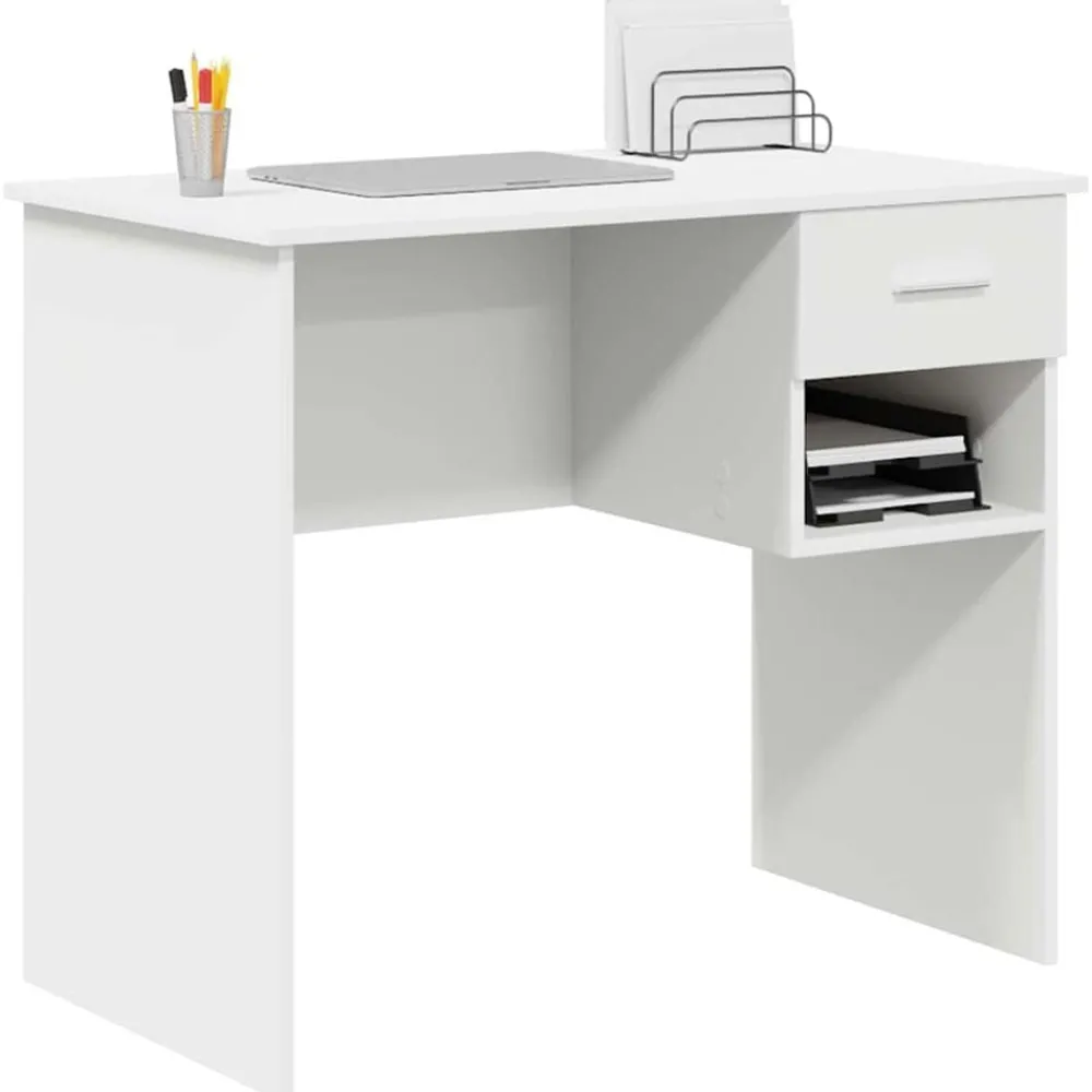 Kantoormeubelen*vidaXL Bureau met lade met plank 90 x 49 x 75 cm Bewerkt hout Wit