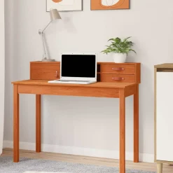 Kantoormeubelen*vidaXL Bureau met lade 110 x 50 x 93 cm Massief Grenen Hout Wasbruin