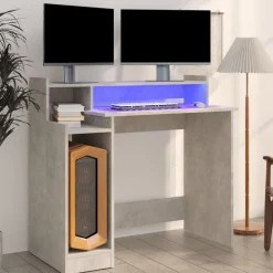 Kantoormeubelen*vidaXL Bureau met LED-verlichting 97x45x90 cm bewerkt hout Betongrijs