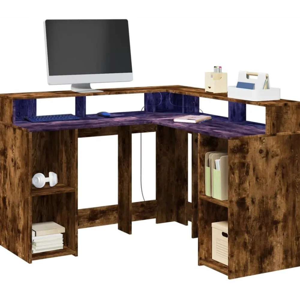 Bureau met LED-verlichting 130x130x91 cm hout>vidaXL Outlet