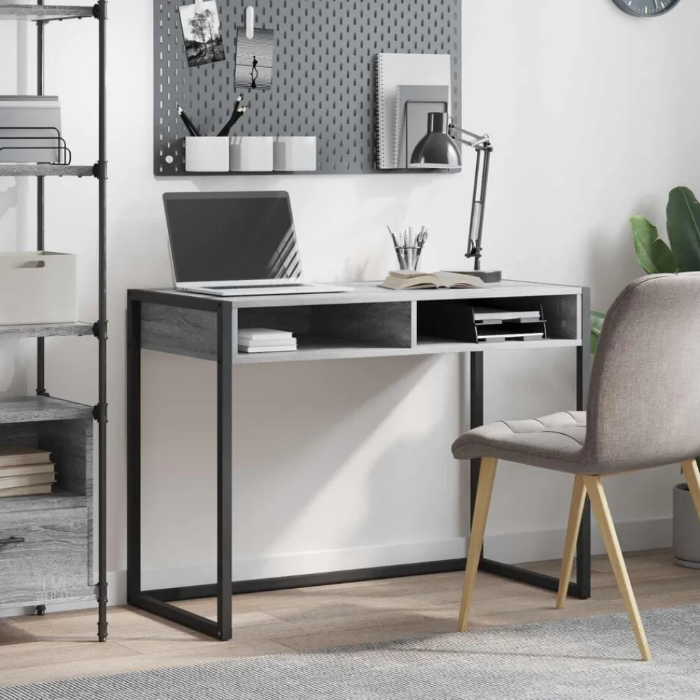 Kantoormeubelen*vidaXL Bureau met opslag 100 x 50 x 75 cm Bewerkt hout Grijs sonoma