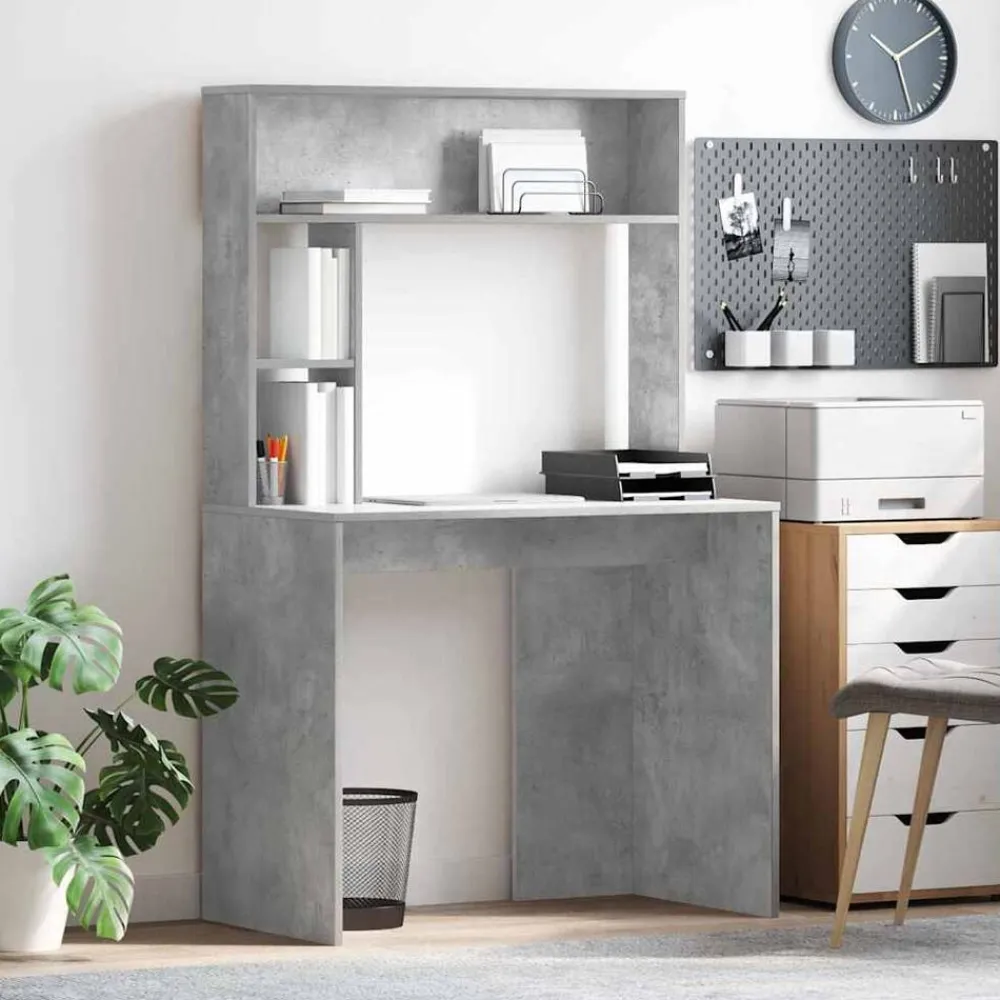 Bureau met plank Beton Grijs 91 x 50 x 149 cm Bewerkt hout>vidaXL