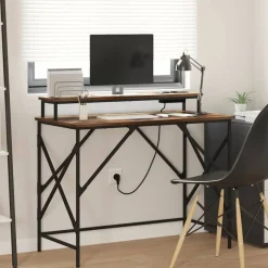 Kantoormeubelen*vidaXL Bureau met plank 100 x 50 x 86,5 cm Bewerkt hout Gerookt eiken