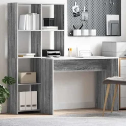 Kantoormeubelen*vidaXL Bureau met plank 138,5 x 55 x 143 cm Bewerkt hout Grijs sonoma