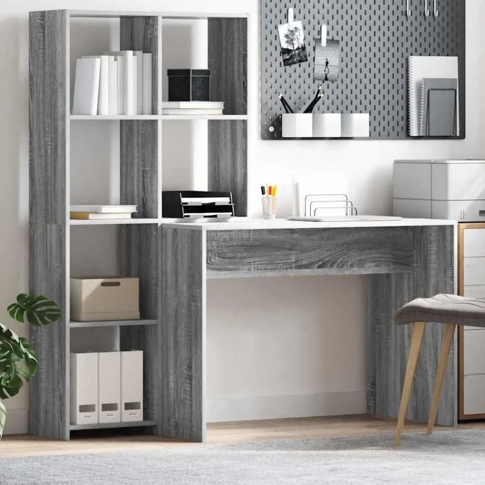 Kantoormeubelen*vidaXL Bureau met plank 138,5 x 55 x 143 cm Bewerkt hout Grijs sonoma