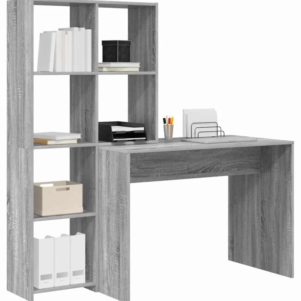 Kantoormeubelen*vidaXL Bureau met plank 138,5 x 55 x 143 cm Bewerkt hout Grijs sonoma