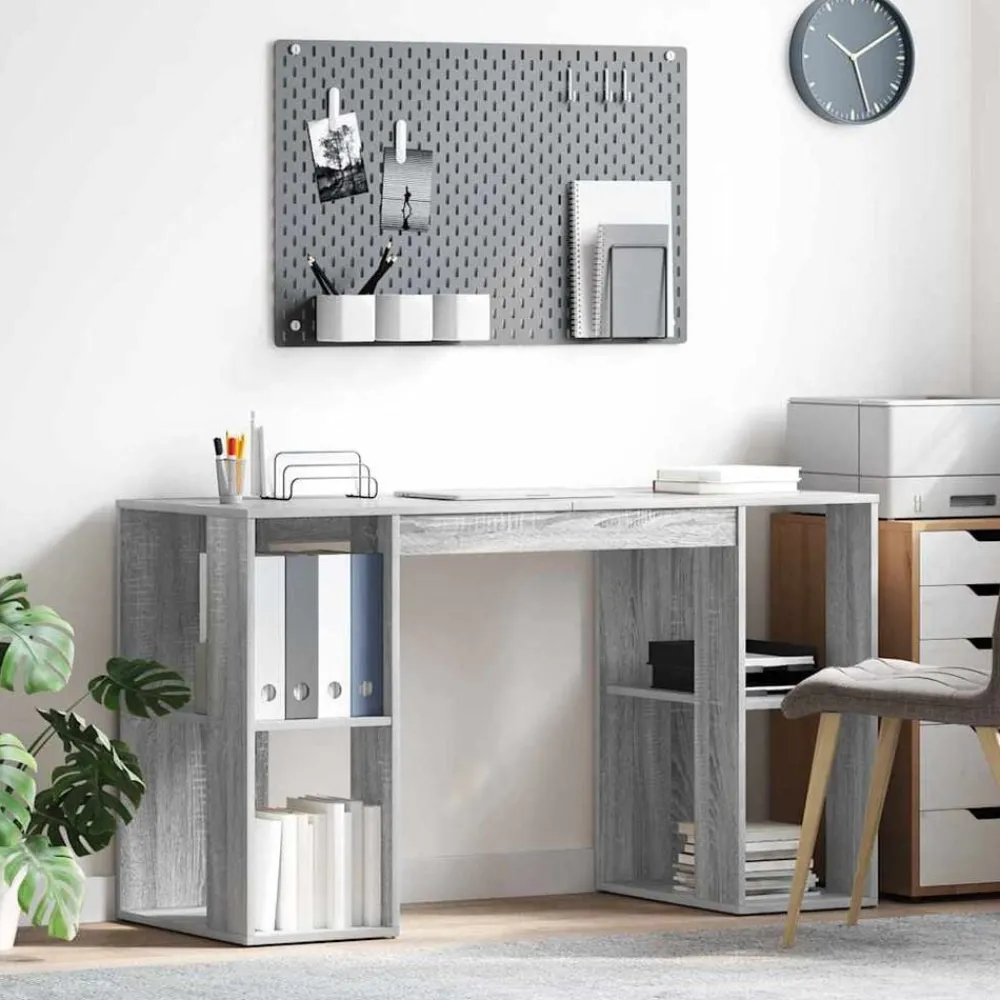 Kantoormeubelen*vidaXL Bureau met plank 130 x 50.5 x 75 cm Bewerkt hout Grijs sonoma