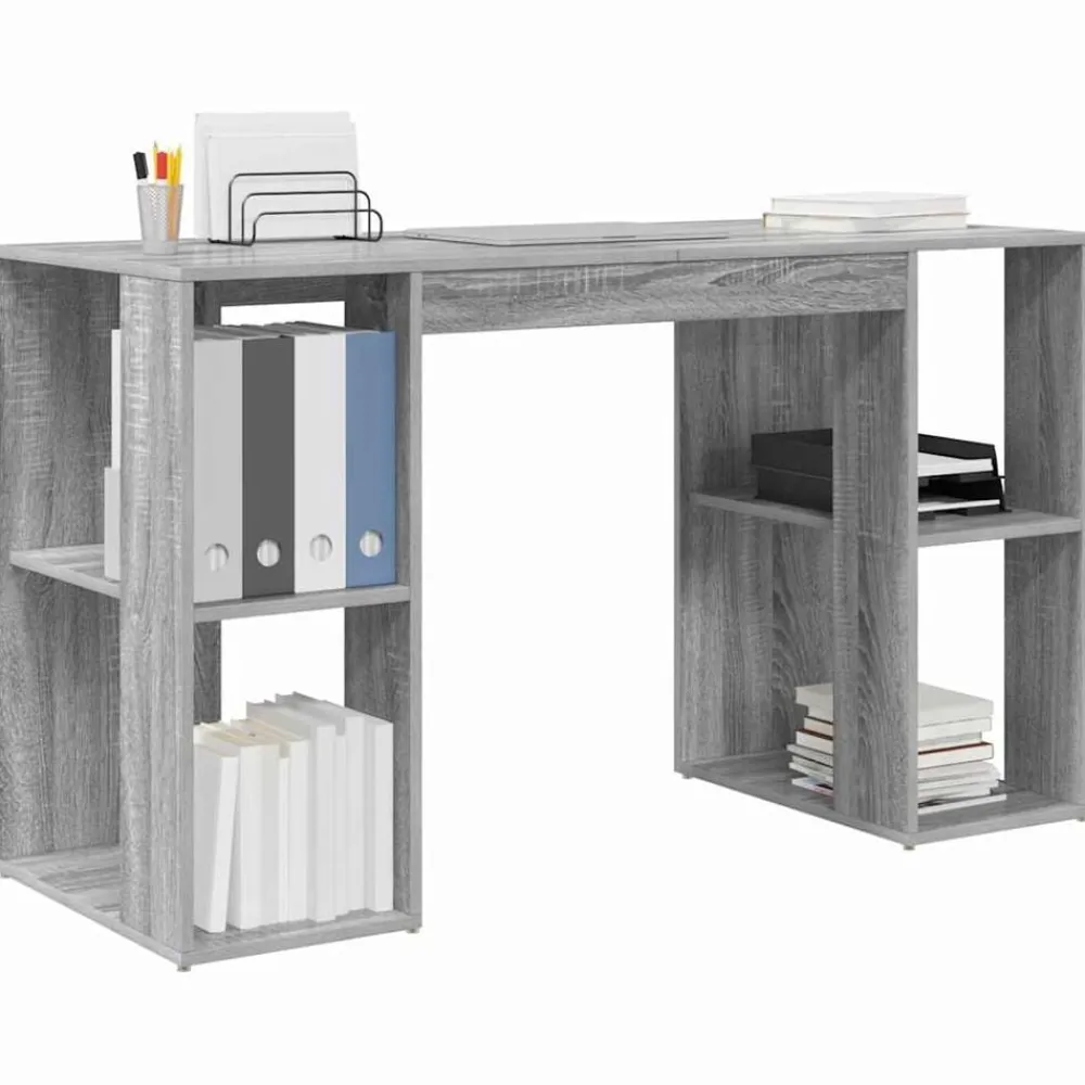Kantoormeubelen*vidaXL Bureau met plank 130 x 50.5 x 75 cm Bewerkt hout Grijs sonoma