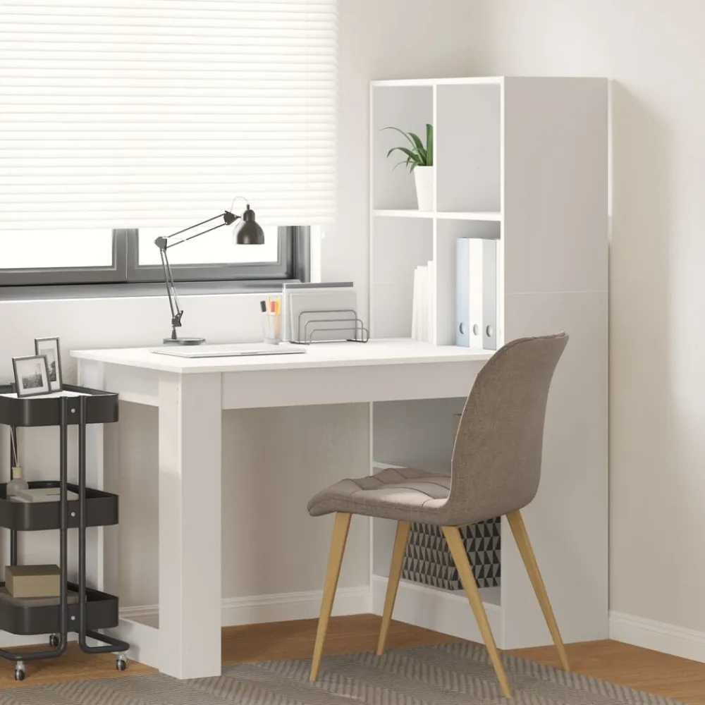 Kantoormeubelen*vidaXL Bureau met plank met opslag 122 x 67 x 145 cm Bewerkt hout Wit