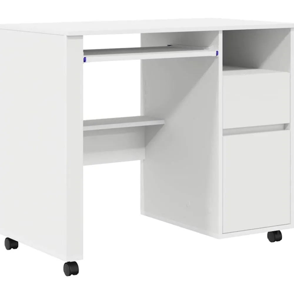 Kantoormeubelen*vidaXL Bureau met Wielen met lade 91 x 50 x 77 cm Bewerkt hout Wit