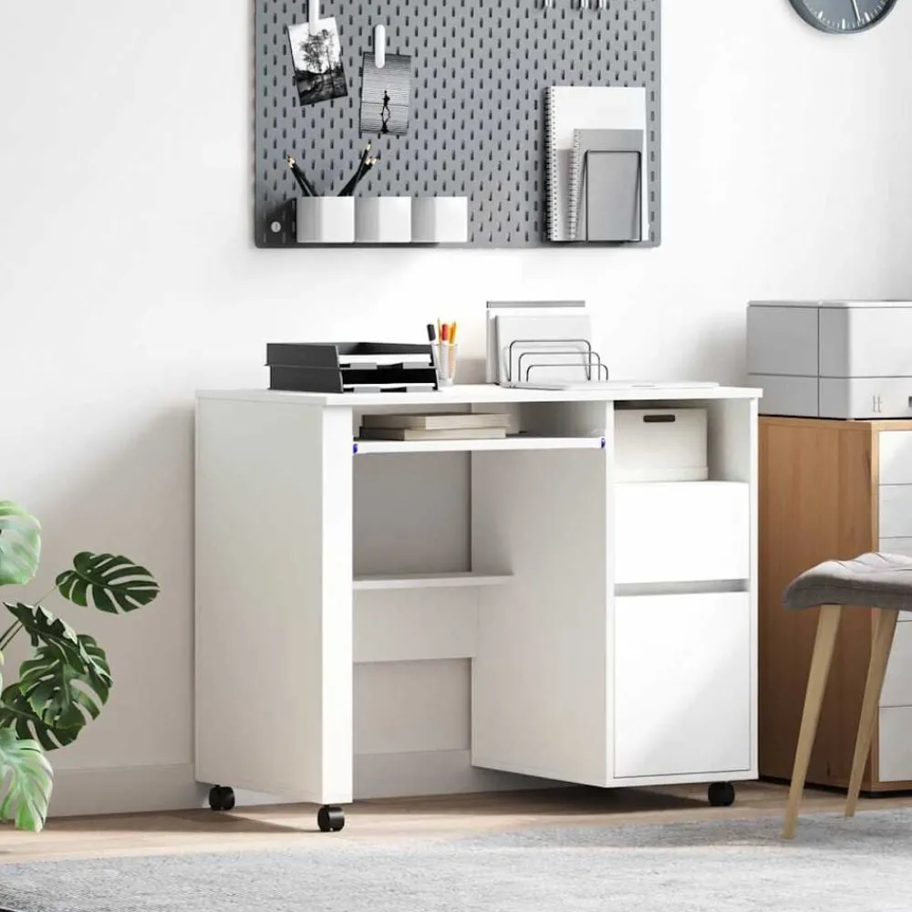 Kantoormeubelen*vidaXL Bureau met Wielen met lade 91 x 50 x 77 cm Bewerkt hout Wit