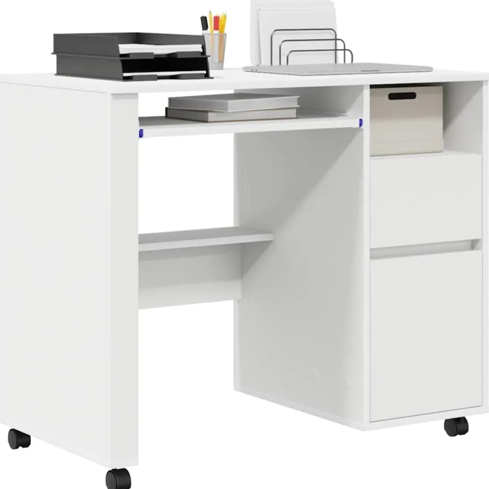 Kantoormeubelen*vidaXL Bureau met Wielen met lade 91 x 50 x 77 cm Bewerkt hout Wit