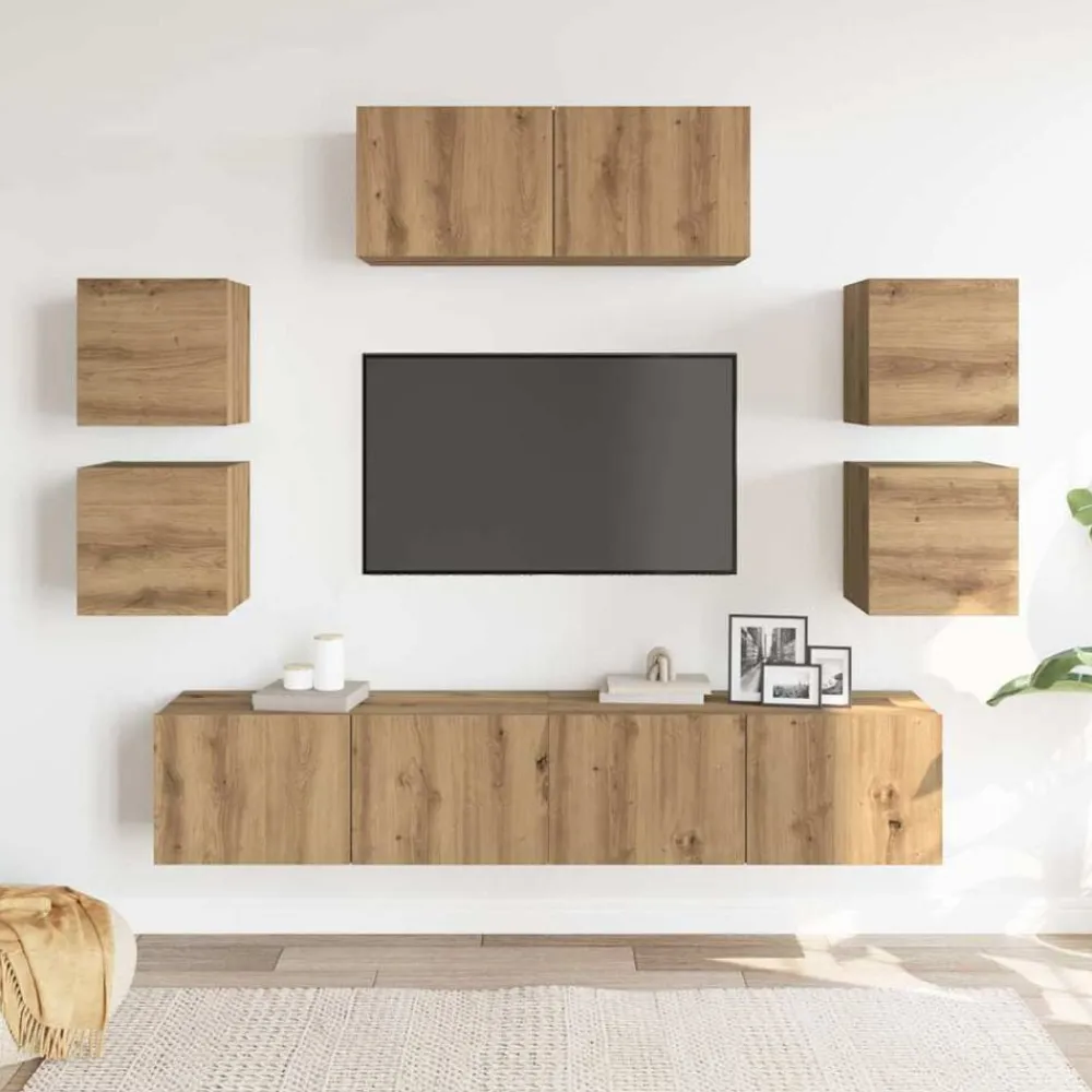7-delig Tv-meubelset wandmontage bewerkt hout artisanaal eiken>vidaXL Clearance