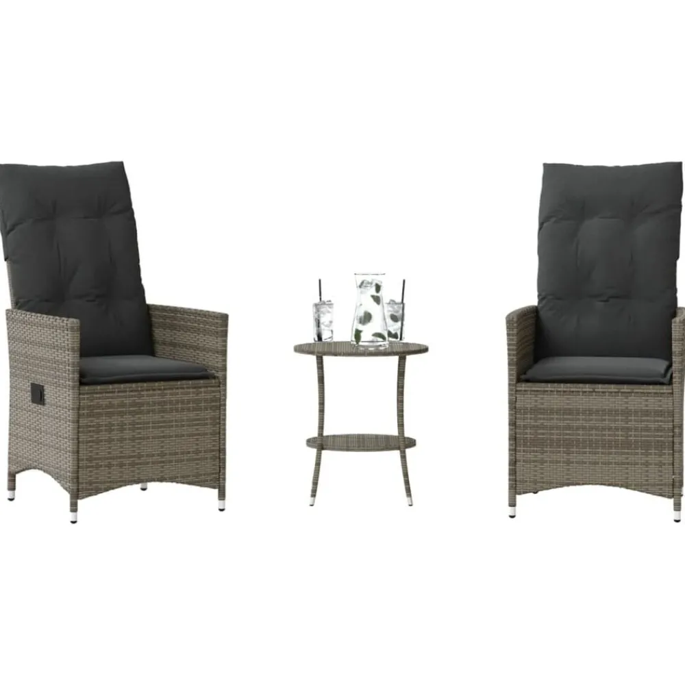 Tuinmeubelen*vidaXL 3-delige Bistroset met kussens poly rattan Grijs