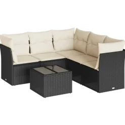 Tuinmeubelen*vidaXL 6-delige Loungeset met kussens poly rattan zwart Zwart en crème