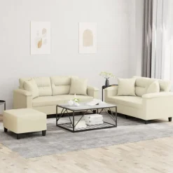 Banken*vidaXL 3-delige Loungeset met kussens kunstleer crèmekleurig Cr&egrave;me