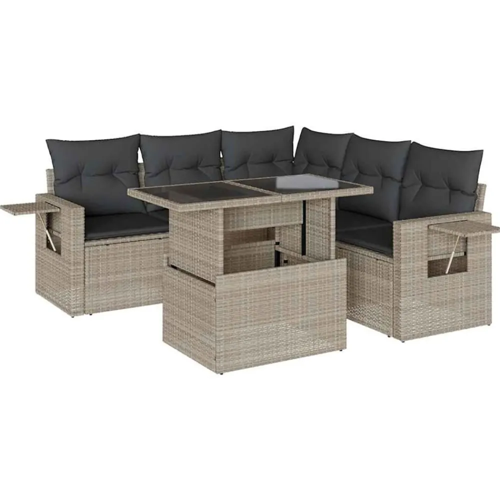 Tuinmeubelen*vidaXL 6-delige Loungeset met kussens poly rattan Lichtgrijs