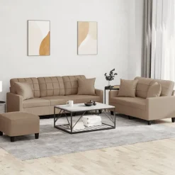 Banken*vidaXL 3-delige Loungeset met kussens kunstleer kleurig Cappuccino