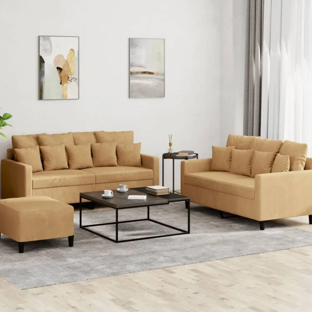 Banken*vidaXL 3-delige Loungeset met kussens fluweel Bruin