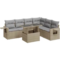7-delige Loungeset met kussens poly rattan beige>vidaXL New