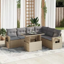7-delige Loungeset met kussens poly rattan beige>vidaXL New