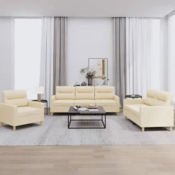 Banken*vidaXL 3-delige Loungeset met kussens stof crèmekleurig Cr&egrave;me