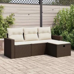 Tuinmeubelen*vidaXL 4-delige Loungeset met kussens poly rattan bruin Bruin en cr&egrave;me
