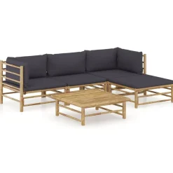 Tuinmeubelen*vidaXL 5-delige Loungeset met donkergrijze kussens bamboe Donkergrijs