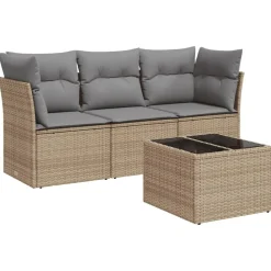 4-delige Loungeset met kussens poly rattan beige>vidaXL Clearance