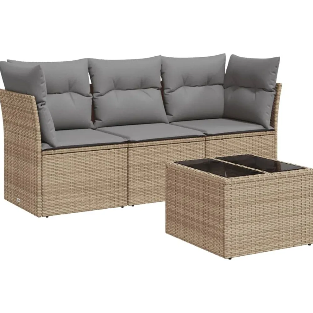 4-delige Loungeset met kussens poly rattan beige>vidaXL Clearance