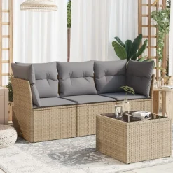 4-delige Loungeset met kussens poly rattan beige>vidaXL Clearance