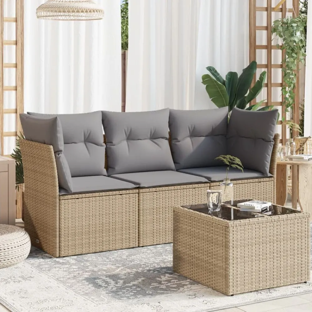 4-delige Loungeset met kussens poly rattan beige>vidaXL Clearance